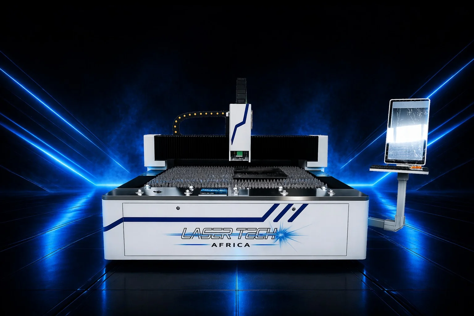 Industrial fibre laser cutting machine in operation with bright blue laser beam cutting through metal sheet
